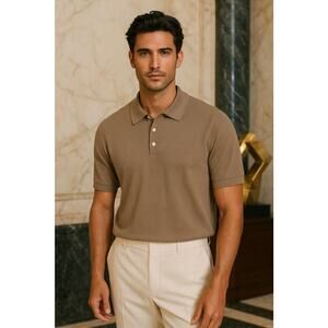 NWT Academy Men’s Taupe Textured Knit Polo Shirt Small Quiet Luxury Beige